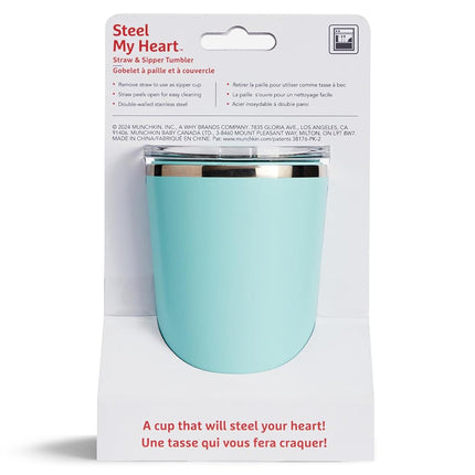 Munchkin Steel My Heart™ 2-in-1 Toddler Sippy Cup Tumbler with Spill Proof Simple Clean™ Straw and Open Sipper Lid, 8 Ounce, Stainless Steel, Teal/Blue