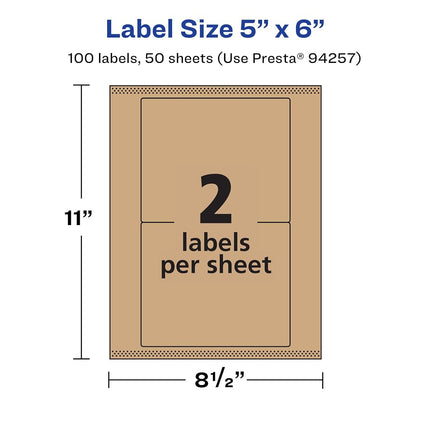 Avery Kraft Brown Rectangle Labels with Sure Feed, 5" x 6", 100 Kraft Brown Labels, Laser/Inkjet Printable Labels