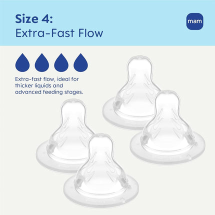 Tetinas MAM de Biberón, Flujo Extra Rápido Nivel 4, para 6+ Meses, Tetinas de Silicona SkinSoft para Biberones de Bebé, Compatible con Todos los Biberones MAM, Paquete de 4