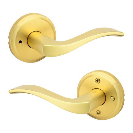 Kwikset Sedona Interior Privacy Door Handle with Lock, Door Lever for Bathroom and Bedroom, Satin Brass Reversible Keyless Push Button Lock Door Lever, with Microban Protection