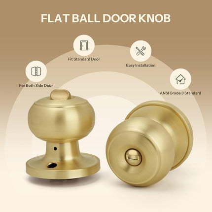 LOQRON Brushed Gold Flat Ball Door Knob with Lock, Keyless Privacy Round Design Doorknob for Bathrooms/Bedrooms, Satin Brass Finish
