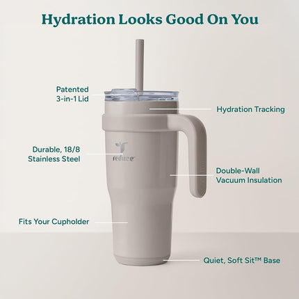 Reduce 24 oz Stainless Steel Tumbler with Handle - Dual-Wall Vacuum Insulated Travel Mug, Sweat-Proof Lid & Reusable Straw - Keeps Drinks Cold for 24 Hrs, Fits Cupholders, Dishwasher Safe - Sand
