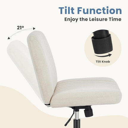 DUMOS Desk Chair No Wheels, Criss Cross Chair Wide Cross Legged Office Desk Vanity Comfy Chair, Armless Adjustable Swivel Chairs for Home Computer Task Beige