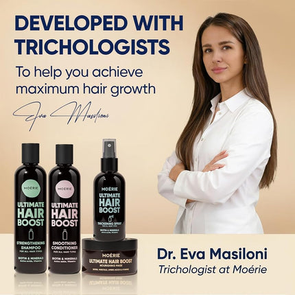 Moerie Shampoo and Conditioner Plus Hair Mask and Spray Mega Pack – The Ultimate Growth Care – For Longer, Thicker, Fuller Hair - Volumizing Products – Paraben & Silicone Free (Set of 4)