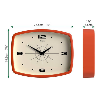 JONES CLOCKS® Movie wall Clock | Rectangular Retro Clock | 10" | Orange | Cool mid-Century Designer Look for Kitchen, Living Room or Office