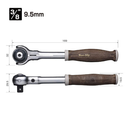 VESSEL 3/8" Swivel Head Ratchet Socket Wrench - Wood-Compo HRH3-SW Grip