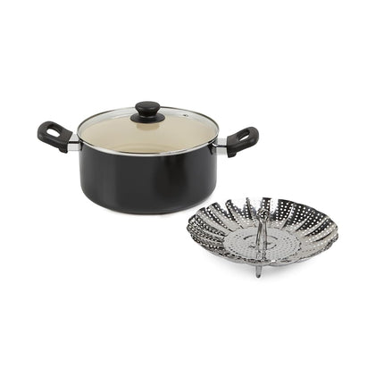 Amazon Basics 11-Piece Ceramic Non-Stick Pots and Pans Set, Dishwasher & Oven Safe, Non-Toxic, Easy Clean, Black/Cream