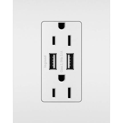 Legrand - Pass & Seymour TM826USBWPWCCV4 Prise de courant double Radiant avec chargeur USB, 15 A, résistante aux chocs, pour smartphones et tablettes + plaque murale assortie sans vis, Blanc