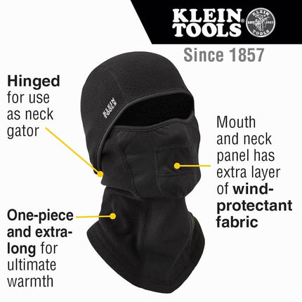 KLEIN TOOLS 60132 Balaclava, Warm Breathable Fleece Wind Proof Hinged Balaclava Face Mask, Black
