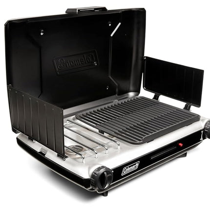 Gril et réchaud de table 2-en-1 Coleman avec 2 brûleurs réglables, gril/réchaud au propane avec allumage par bouton-poussoir, pare-vent, bac de récupération des graisses et puissance de 20 000 BTU pour le camping, le talonnage et plus encore