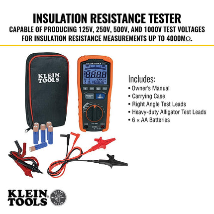 Megohmmeter, Insulation Resistance Tester Multimeter, 4000 Megohm Resistance, 125V/250V/500V/1000V Test Voltage, Klein Tools ET600