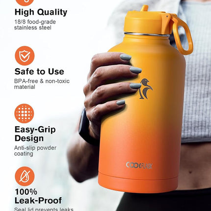 Water Bottle 40 oz Insulated with Straw&Brush, Coolflask Vaccum Stainless Steel Metal 3 Lids Water Flask for Sports, Gym or Office, Keep Cold 48H Hot 24H, Ombre Yellow/Orange