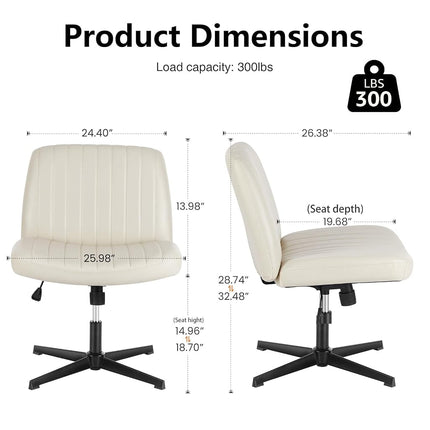 DUMOS Desk Chair No Wheels, Criss Cross Chair Wide Cross Legged Office Desk Vanity Chair, PU Leather Armless Adjustable Swivel Chairs for Home Computer Task Beige