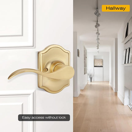 EHOMEWARE 1 Pack Interior Gold Door Handles, Keyless Closet Door Knobs, Passage Door Knobs No Lock, Wave Style Lever Door Handle, Reversible for Left/Right Handed Doors, Satin Brass Finish