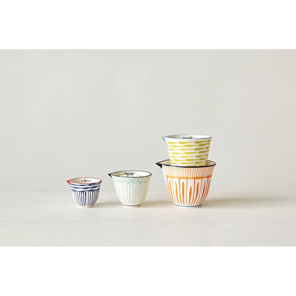 Creative Co-Op Hand Stamped Striped Stoneware Measuring Cups (Set of 4 Sizes/Designs)