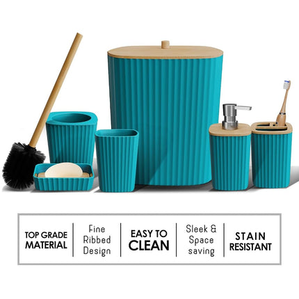 Clara Clark Bathroom Set - Teal Bathroom Accessories Set, 6PC Bathroom Accessory Set, Bathroom Sets with Toilet Brush, Trash Can & Soap Dispenser
