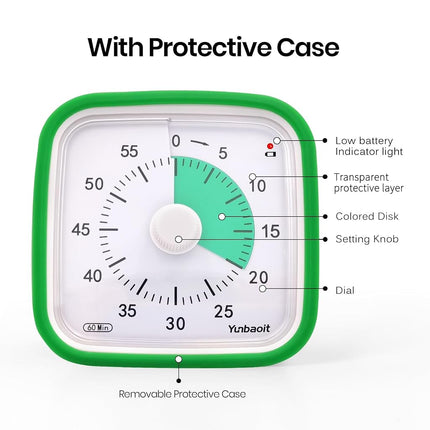 Yunbaoit Visual Timer with Protective Case, 60 Minute Silent Countdown Timer for Kids and Adults Clock Time Management Tool(Green)