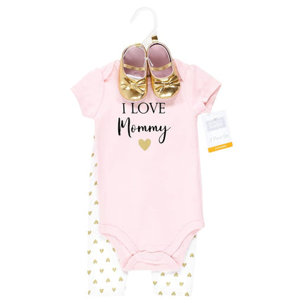 Hudson Baby Unisex Baby Cotton Bodysuit, Pant and Shoe Set, Girl Mommy, 3-6 Months