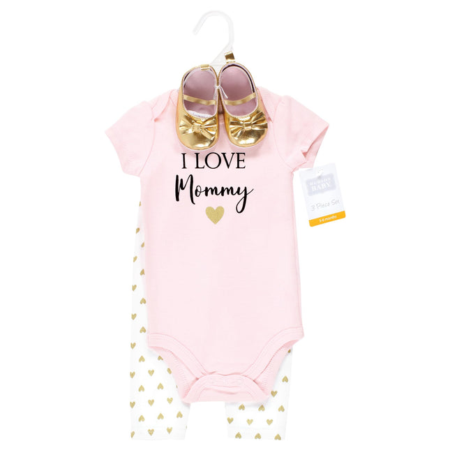 Hudson Baby Baby Cotton Bodysuit, Pant and Shoe Set, Girl Mommy, 12-18 Months