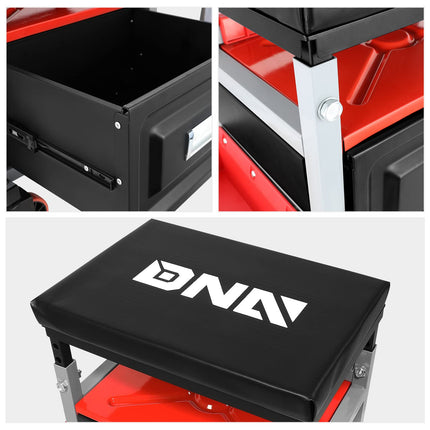 DNA Motoring TOOLS-00198 Taburete rodante para mecánicos de altura ajustable con cojín acolchado, cajón y bandeja para herramientas, capacidad de peso máximo de 350 libras