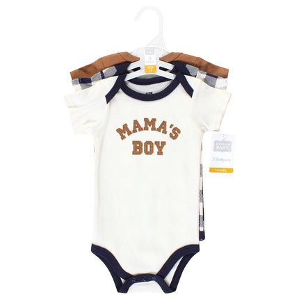 Hudson Baby Unisex Baby Cotton Bodysuits, Brown Navy Mamas Boy 3-Pack, 9-12 Months, Brown Navy Mamas Boy 3-pack, 9-12 Months