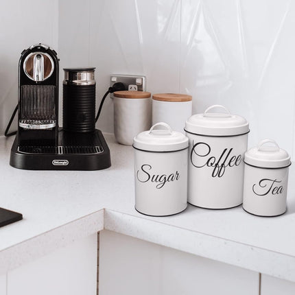 Juego de 3 recipientes de cocina ChicHabitat, recipientes de almacenamiento de alimentos para encimera de cocina, recipientes grandes herméticos para café, azúcar y té con tapas, decoración de cocina rústica blanca