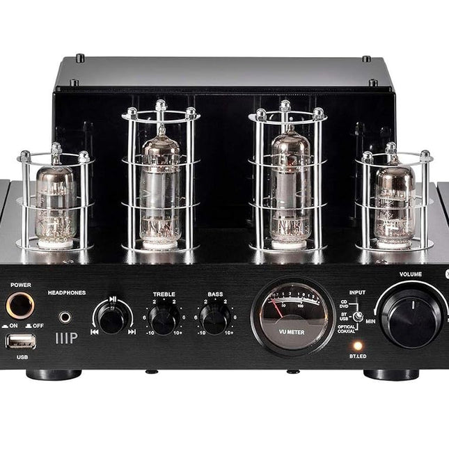 Monoprice 138360 25 Watt Stereo Hybrid Tube Amplifier 2019 Edition with Bluetooth Optical Coaxial and USB Inputs and Subwoofer Out