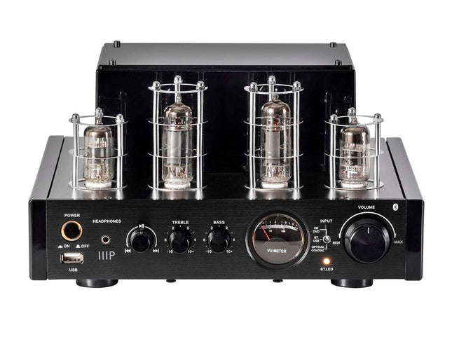 Monoprice 138360 25 Watt Stereo Hybrid Tube Amplifier 2019 Edition with Bluetooth Optical Coaxial and USB Inputs and Subwoofer Out