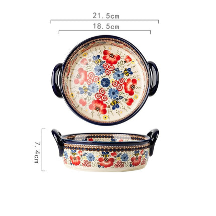 Bicuzat Vintage Flowers Style Ceramic Bakeware Casserole Dish Baking Pan Lasagna Pans Baking Dish with Handles for Oven/Cooking/Kitchen-1 PCS-Red Flowers-32 OZ