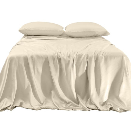 Parure de lit élégante en satin soyeux 4 pièces de luxe, Douce pour la peau et les cheveux, Résistante aux plis, à la décoloration et aux taches avec poches profondes, Drap-housse, Parure de lit rafraîchissante en satin doux, Grand lit (Queen), Crème