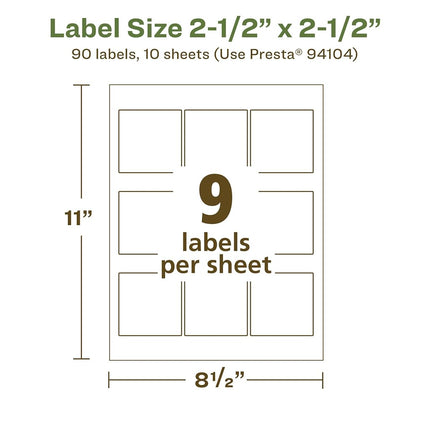 Avery EcoFriendly Matte White Recycled Square Labels, 2.5" x 2.5", Matte White Labels, Permanent Adhesive, Laser/Inkjet Printable, 90 Total