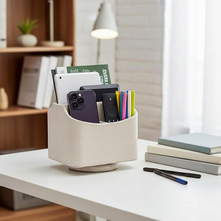 UnionBasic Rotating Desk Organizer, 360 Degree Desk Spinning Caddy, Desktop TV Guide/Mail/Media/Remote Controller Holder Organizer (Linen Texture Leather Beige)