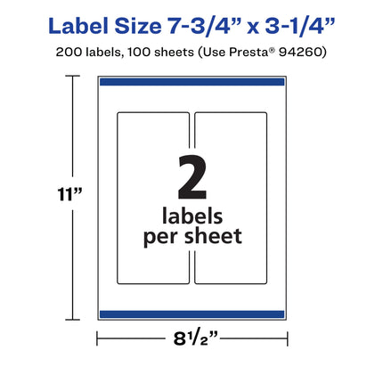 Avery Matte White Rectangle Labels with Sure Feed, 7.75" x 3.25", 200 Matte White Printable Labels