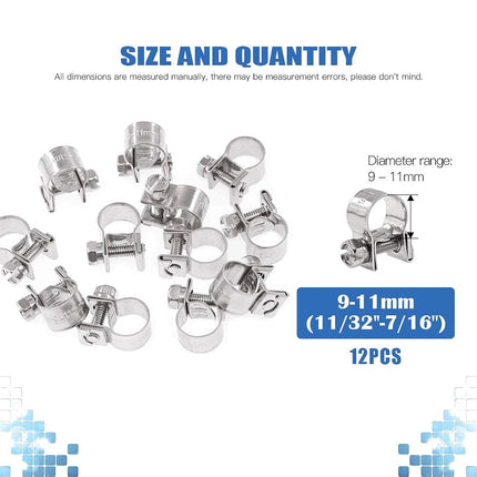 Glarks 12Pack 9-11mm Stainless Steel Mini Fuel Injection Hose Clamps Adjustable Pipe Hose Clip Tube Clamps Set (11/32''-7/16'' Dia)