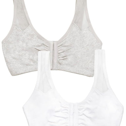 Fruit of The Loom Women's Comfort Front Close Sport Bra with Mesh Straps, Heather Grey/White, 34