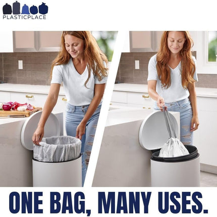Plasticplace Custom Fit Bin Bags Compatible with Code J, White Drawstring Bin Liners, 10-10.5 Gallon / 38-40 Liters, 21" x 28", Tear-Resistant 1.2 Mil, 200 Count (Pack of 1)
