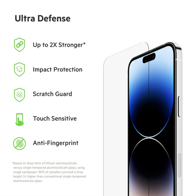 Protector de pantalla Belkin UltraGlass para iPhone 14 Pro Max, con tratamiento antimicrobiano, aplicación sencilla sin burbujas con bandeja de guía de instalación incluida, dureza 9H probada