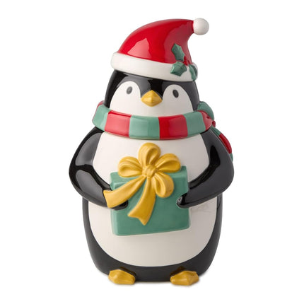 Christmas Whimsy Penguin Cookie Jar – 3D Ceramic 72oz Holiday Treat Jar with Lid, Sculpted Penguin Holding Gift, Festive Winter Kitchen Décor for Cookies, Candy, Snacks, and Holiday Entertaining