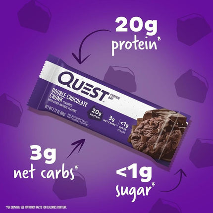 Quest Nutrition Double Chocolate Chunk Protein Bar, High Protein, High Fibre, Low Sugar, Keto Friendly, 20g Protein, 1g Sugar, 12ct