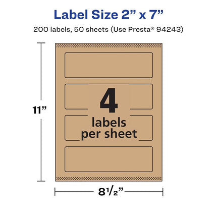 Avery Kraft Brown Rectangle Labels with Sure Feed, 2" x 7", 200 Kraft Brown Labels, Print-to-The-Edge, Laser/Inkjet Printable Labels
