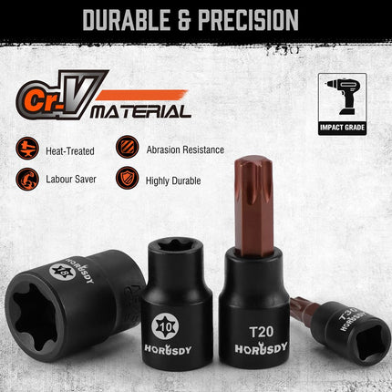 HORUSDY 31-Piece Torx Bit Socket and Female External Socket Set | 14 Star Bits (T8- T70) and 12 Female E-Torx Sockets (E4-E24) | 4 Impact Socket Adapter Set