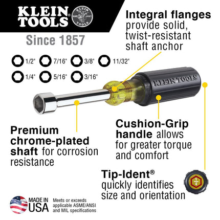 Klein Tools 647 Cushion-Grip Nut Driver Set with 6-Inch Shanks, 7-Piece
