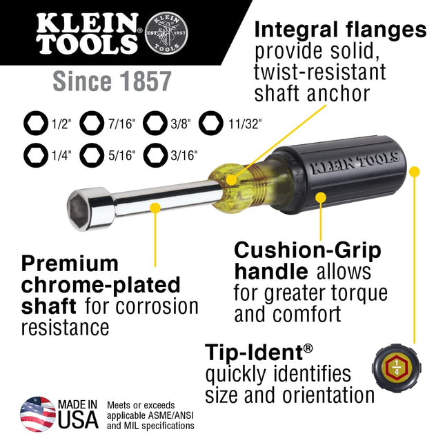 Klein Tools 647 Cushion-Grip Nut Driver Set with 6-Inch Shanks, 7-Piece