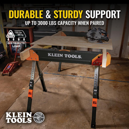 Klein Tools 80178 Folding Saw Horse, Adjustable 26 to 32-Inch Height, 2x4 Support Arms, Heavy Duty Jobsite Table, 2-Pack