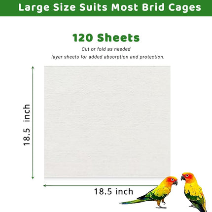 ZIQON 120 Pcs Bird Cage Liner Papers Big Size Cage Paper Liners Disposable Cage Paper Liners Precut Absorbent Cushion Pad Mat Accessories for Pet Bird Parrot (White, 18.5 * 18.5 inch)