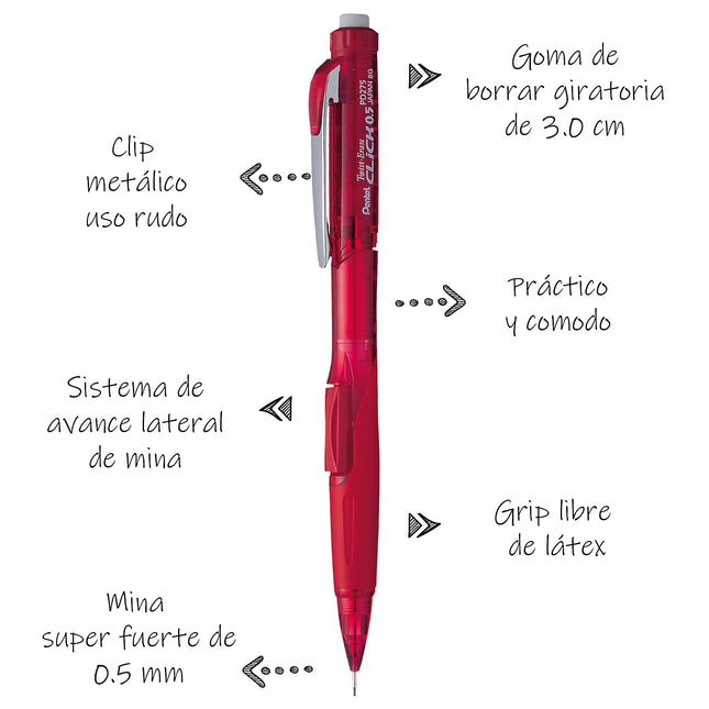 Pentel Twist Erase Click Mechanical Pencil 0.5 mm (Pack of 12 red