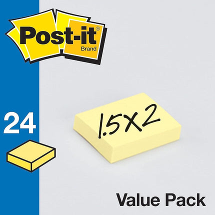 Post-it Notes Value Pack, 1-1/2 x 2-Inches, Canary Yellow, 24-Pads/Pack