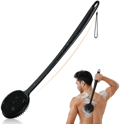 VWMYQ Silicone Back Scrubber for Shower, 17in Lengthen Long Handle Body Brush, Double Sided Shower Brush for Shower Exfoliating and Massage Can Produce Rich Foam, Long Handle Back Scrubber for Men