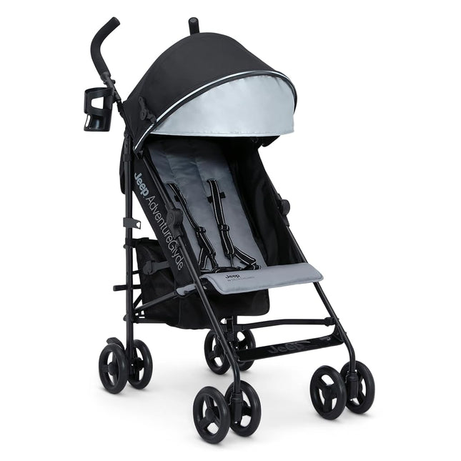 Delta Children Jeep AdventureGlyde Lightweight Travel Stroller with Smoothest Ride and Compact Folding, 3-Position Recliner, Extra Large Storage Basket, Black/Grey