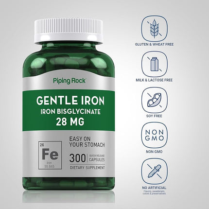 Piping Rock Gentle Iron 28 mg | 300 Capsules | Iron Bisglycinate | Easy on Stomach | Non-GMO, Gluten Free Supplement | by